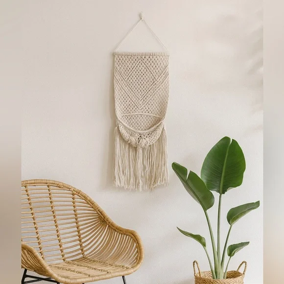 Boho Macrame Wall Hanging Decor Woven Cotton Tapestry Neutral Wall Art Handmade - Picture 1 of 9